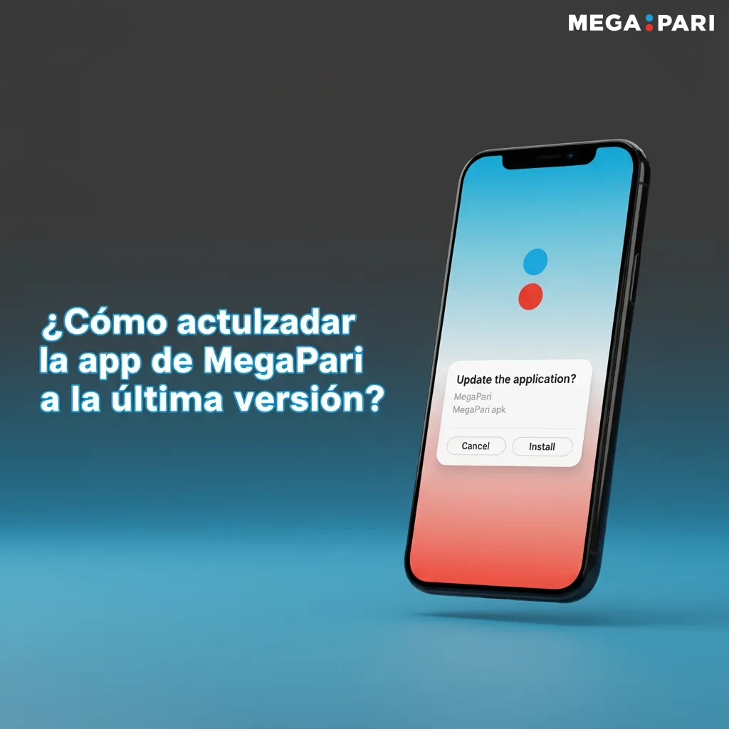 Teléfono con la app MegaPari mostrando aviso para actualizar a la última versión y opción de descargar e instalar el APK.