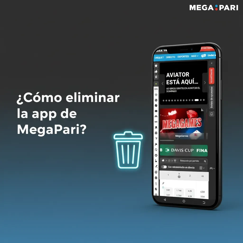 Teléfono Android con ruta Ajustes > Aplicaciones y botón Desinstalar para la app MegaPari o mantener pulsado el ícono