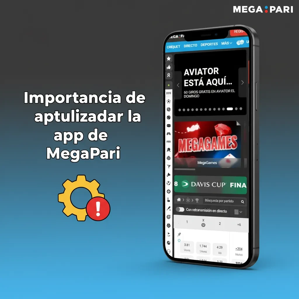 Teléfono con la app de MegaPari actualizándose; íconos de seguridad, velocidad, pagos rápidos y mercados en vivo mejorados.