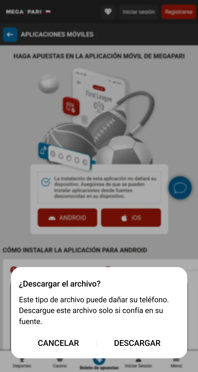 Permitir la descarga del archivo con la aplicación Megapari.