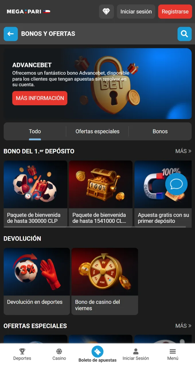 Explora la sección de bonos de la aplicación Megapari y elige las mejores ofertas.