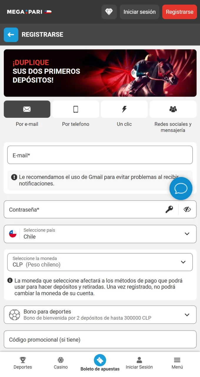 Registrarse en la aplicación Megapari solo lleva unos minutos, gracias a nuestro formulario de registro fácil de usar.