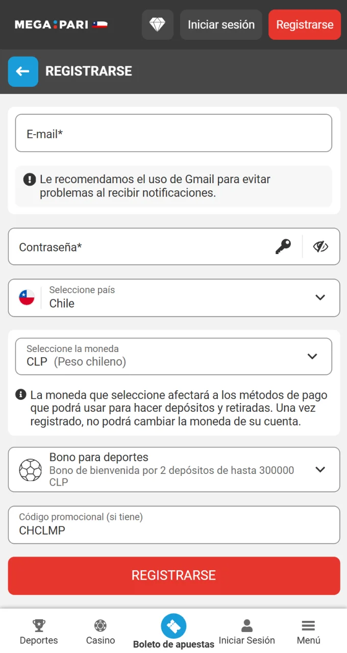 Introduzca el código en el formulario de registro en el sitio web de Megapari.
