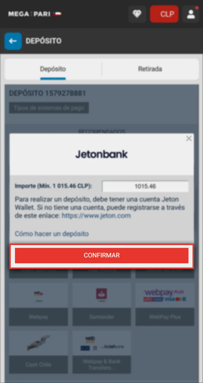 Confirmar la operación de reposición de la cuenta Megapari.