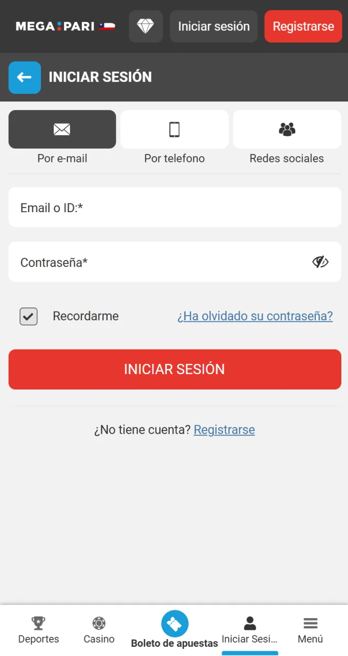 Inicie sesión en su cuenta Megapari para comenzar el proceso de depósito.