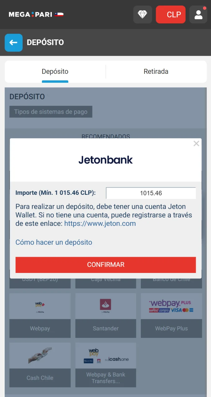 En Megapari, puedes elegir fácilmente tu método de pago y el monto del depósito.