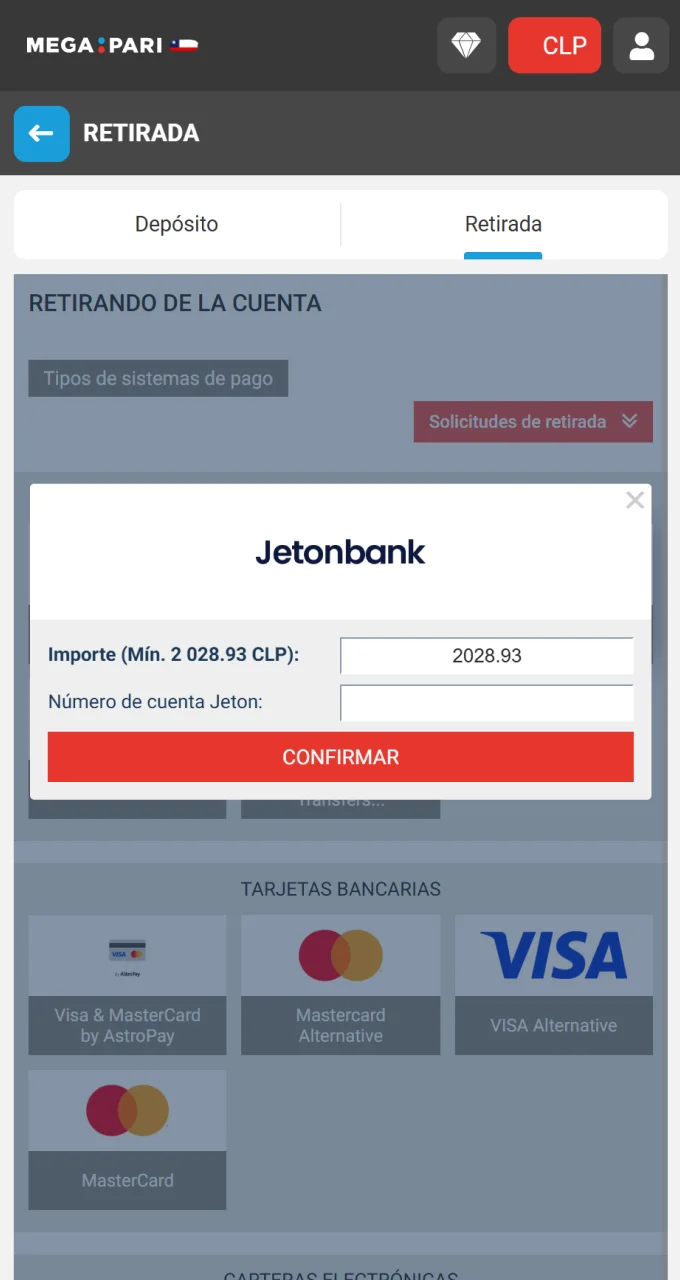 Ingrese el monto de retiro y sus datos financieros en la plataforma Megapari.