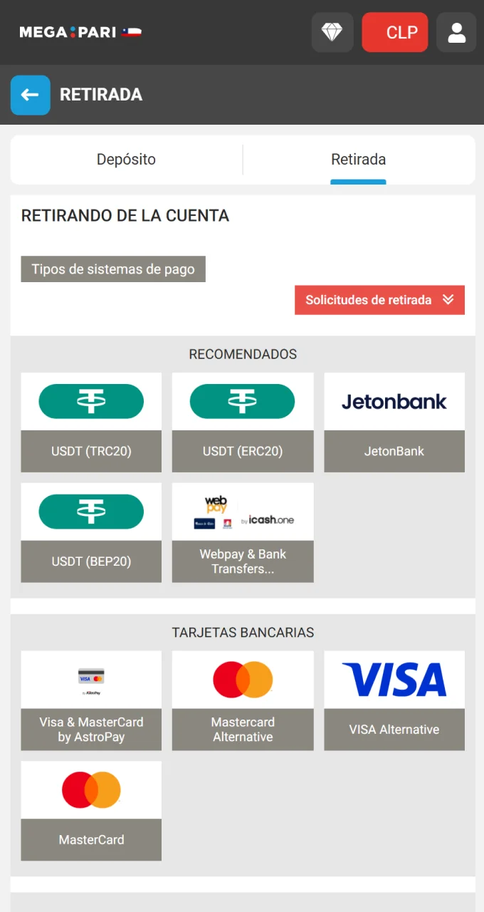 Seleccione un método de retiro en Megapari Casino.