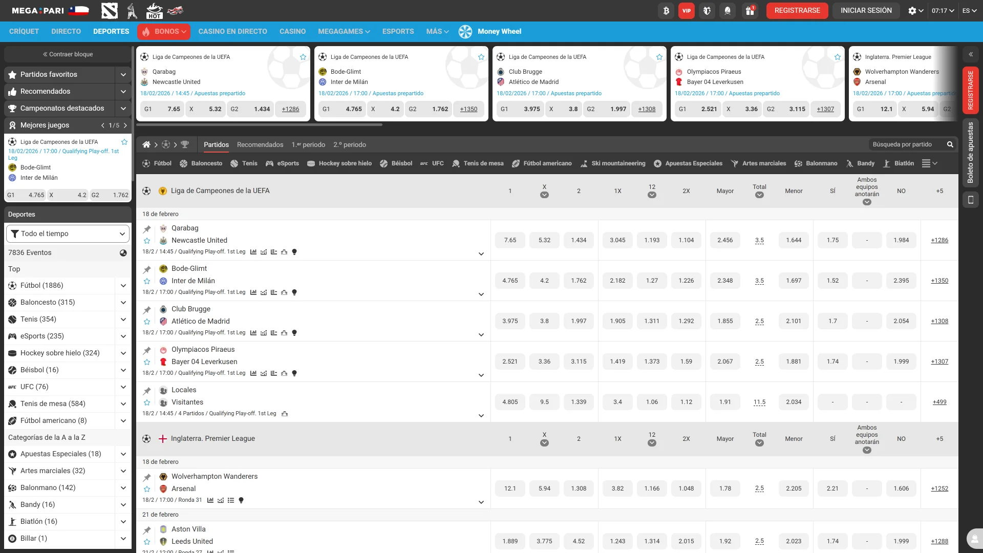 Sección de deportes con cuotas favorables en eventos deportivos de la casa de apuestas Megapari.
