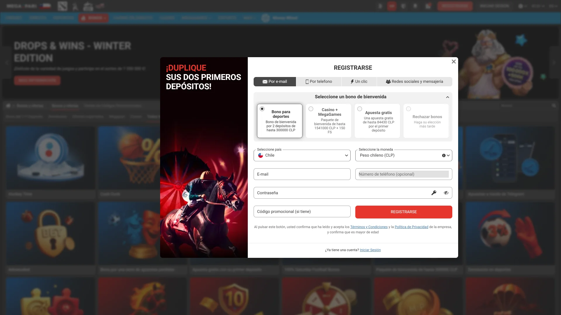 Un formulario de registro simple para crear una nueva cuenta y comenzar a jugar en la casa de apuestas Megapari.