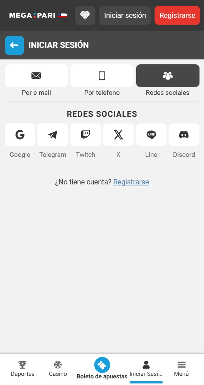 Utiliza tus redes sociales para acceder rápidamente a tu perfil del casino Megapari.