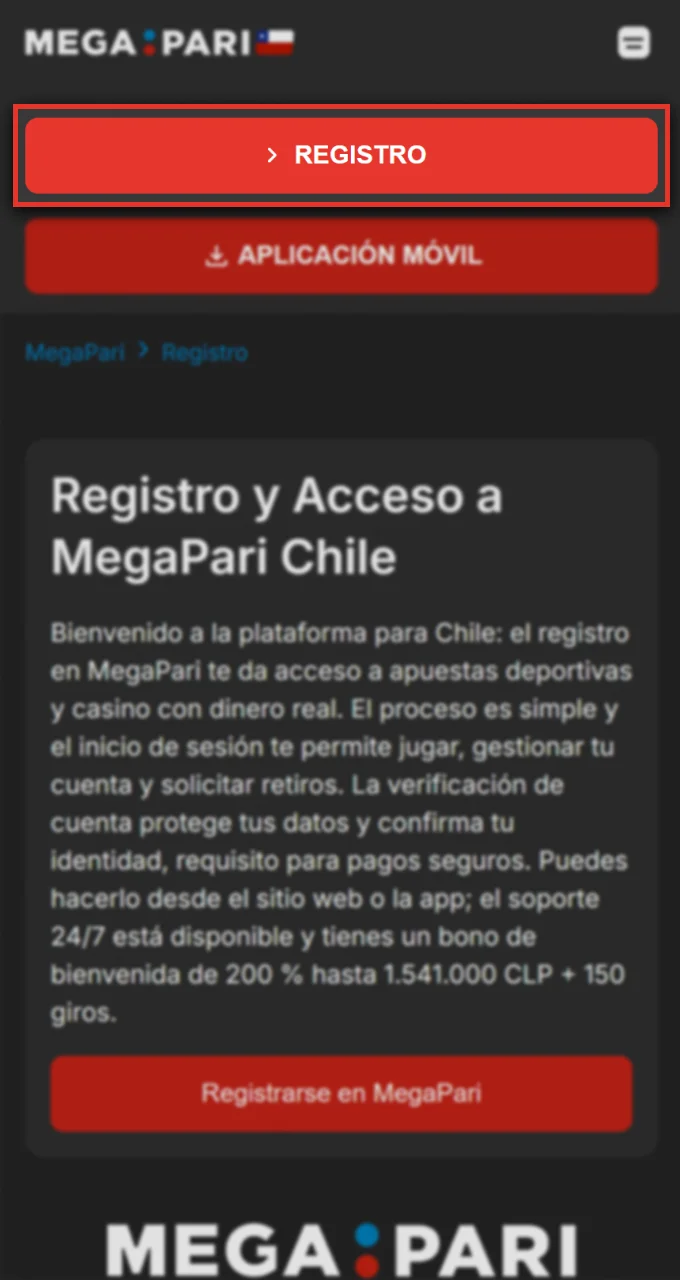 Haga clic en el botón de este sitio web para comenzar el proceso de registro de Megapari.