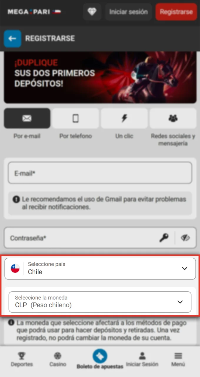 Al registrarse en Megapari, seleccione su país de residencia y moneda local.
